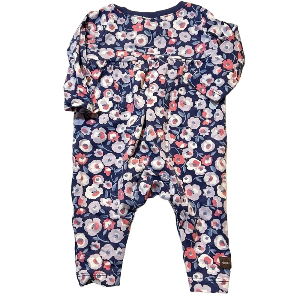 Tea Collection Baby Girl's‎ Navy Pink Floral Button Snap Long Sleeve Romp…